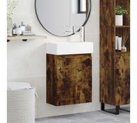 Ziaphsol Ensemble de meubles de salle de bain avec lavabo en céramique et mitigeur argenté, suspendu, chêne fumé, 45,5 x 25,5 x 84 cm, espace de rangement pour WC et salle de bain