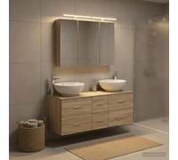 Ziaphsol Ensemble de mobilier de Salle de Bain 4 pièces Chêne Sonoma avec Miroir LED éclairage USB Rangement Mural Moderne pour Espace Compact et Pratique