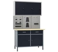 Ziaphsol Ensemble d'établi 120 x 60 x 85 cm avec 3 parois à outils et armoire murale en acier et bois - Capacité de charge de 500 kg - Tiroirs à roulement à billes pour atelier, garage, salle de
