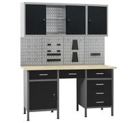 Ziaphsol Ensemble d'établi avec 4 murs à outils et 2 armoires murales en acier bois 160 x 60 x 85 cm Capacité de charge 500 kg avec tiroirs et portes verrouillables