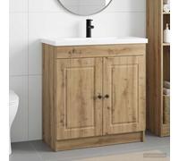 Ziaphsol Ensemble lavabo de salle de bain en bois de chêne artisanal avec espace de rangement, portes pivotantes et boutons en métal, pour WC et salle de bain