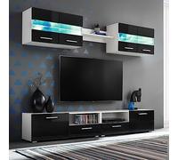 Ziaphsol Ensemble Mural pour télévision Noir Brillant avec 5 pièces, Meubles avec éclairage LED, armoires, étagère, Support, Rangement, Design Contemporain idéal pour Salon, séjour ou Chambre