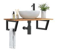 Ziaphsol Étagère de lavabo murale en acier et bois d'acacia massif, 80 x 50 x 2 cm, plaque supérieure, support trapézoïdal, 2 supports, rangement peu encombrant pour salle de bain