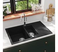 Ziaphsol Évier à double évier en granit noir - 800 x 500 mm - Évier encastrable avec couvercle perforé en acier inoxydable et panier - Pour plan de travail de cuisine - Réversible à gauche et à droite