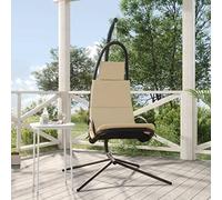 Ziaphsol Fauteuil suspendu de jardin avec coussin, tissu Oxford crème et structure en acier revêtu par pulvérisation, chaise à bascule pour terrasse, jardin, extérieur, détente, 110 kg