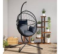 Ziaphsol Fauteuil suspendu œuf avec support en acier, rotin et corde anthracite, 104 x 100 x 197 cm, coussin amovible pour jardin, terrasse, extérieur, balançoire
