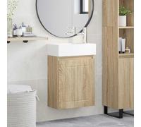 Ziaphsol Lavabo de salle de bain en chêne Sonoma avec lavabo en céramique, robinet et égouttoir à poussoir, 45,5 x 25,5 x 84 cm, montage mural, espace de rangement, porte réversible, intérieur