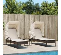 Ziaphsol Lot de 2 Bain Soleil transat Chaise Longue en Poly rotin Marron avec auvent rétractable, Dossier inclinable, accoudoir, Coussin et Table pour Jardin terrasse Balcon Piscine
