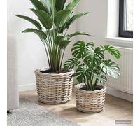 Ziaphsol Lot de 2 paniers à plantes en rotin Kubu gris naturel, paniers ronds tressés avec doublure intérieure imperméable, Ø 35 et Ø 10,5 cm, pour décoration intérieure et extérieure