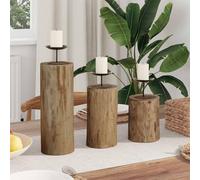 Ziaphsol Lot de 3 bougeoirs en teck massif naturel pour bougies à tige et bougies piliers, dimensions 12 x 12 x 29, 12 x 12 x 20, 12 x 12 x 15 cm, pour décoration de table dans le salon