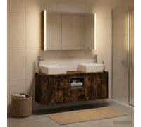 Ziaphsol Lot de 4 armoires de salle de bain en chêne fumé - Meuble mural avec miroir LED - Espace de rangement - Résistant à l'humidité - Pour salle de bain moderne