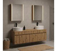 Ziaphsol Lot de 5 armoires de salle de bain en chêne Artisan, montage mural avec éclairage LED, rangement spacieux, design moderne pour salle de bain, salon ou couloir