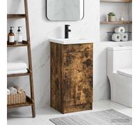 Ziaphsol Meuble de Salle de Bain avec lavabo Vasque en Bois d'ingénierie Chêne fumé 42 x 40 x 84,5 cm avec Armoire, Porte, étagère, Robinet, Siphon, idéal pour Rangement intérieur