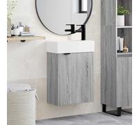 Ziaphsol Meuble de salle de bain gris Sonoma avec lavabo en céramique, mitigeur de salle de bain noir, support mural, peu encombrant, WC d'invités et salle de bain moderne avec espace de rangement