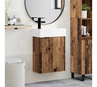 Ziaphsol Meuble sous lavabo de salle de bain avec robinet, bois vieilli, céramique, espace de rangement, support mural, 45,5 x 22,5 x 84 cm, vidage poussoir, pour WC d'invités