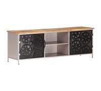 Ziaphsol Meuble TV 120x30x40 cm en Bois de manguier Brut avec Portes Roues de chaîne de vélo Design Support pour téléviseur et appareils multimédia Rangement pour Salon séjour Chambre