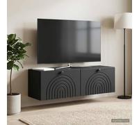 Ziaphsol Meuble TV mural noir 98 x 31 x 30 cm en bois avec espace de rangement, gestion des câbles et 2 portes pivotantes pour salon moderne, console multimédia, meuble bas, home cinéma, organisateur