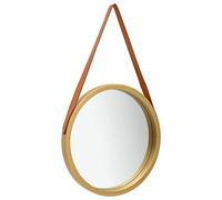 Ziaphsol Miroir mural avec ceinture, 50 cm, doré, rond, décoratif, avec cadre en bois de paulownia et bande en cuir synthétique, miroir suspendu pour salle de bain, couloir, chambre à coucher et salon