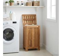 Ziaphsol Panier à linge en bois massif teck naturel 35 x 25 x 60 cm avec couvercle, ventilation, insert en tissu amovible pour salle de bain et chambre à coucher, rangement pour linge