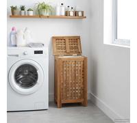 Ziaphsol Panier à linge en teck massif naturel 35 x 25 x 60 cm avec couvercle et insert en tissu, panier à linge rectangulaire pour salle de bain, buanderie, espace de rangement résistant