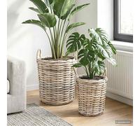 Ziaphsol Panier de Plante avec Stockage 2 pièces Gris Naturel en Rattan Kubu Robuste pour intérieur et extérieur, Rangement décoratif, avec poignées Pliables et Doublure