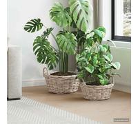 Ziaphsol Planter Kubu Lot de 2 paniers de pots de fleurs en rotin avec doublure intérieure imperméable amovible - Panier ovale tressé pour rangement et décoration - Gris naturel