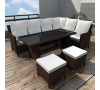 Ziaphsol Salon de Jardin 4 pièces en résine tressée Marron avec Coussins crème, canapé en L 220x172 cm, Table en Verre trempé 120x70 cm, 2 poufs