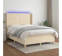 Ziaphsol Sommier à Lattes tapissier crème 140x200 cm avec Matelas à Ressorts ensachés et Bande LED, Cadre en Bois Massif, tête de lit Ajustable pour Chambre, Textile Respirant Durable