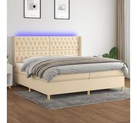 Ziaphsol Sommier à Lattes tapissier crème 200x200 cm avec Matelas à Ressorts ensachés, tête de lit réglable, Bandes LED intégrées, Cadre Bois Durable pour Chambre, Base de lit Confortable