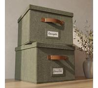 ZICOTO Lot de 2 boîtes de rangement en lin vert sauge, pliables, portables, empilables - Parfait pour les documents et les dossiers suspendus - 39,1 x 31,5 x 25,4 cm