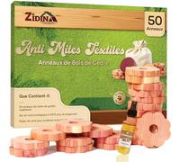 Zidina Anti Mites Textiles - Pack de 50 Anneaux pour Vêtements avec Mini Bouteille d'Huile de Bois de Cèdre Incluse de 4,5 ml. Naturel et Efficace Contre les Mites pour Armoires