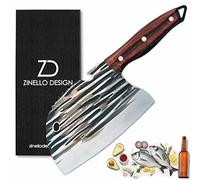 Zinello Design Couteau Cuisine Chef Japonais Acier Inoxydable - Couperet Professionnel Manche Bois avec Écailleur Décapsuleur Français - Coffret Cadeau