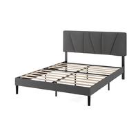Zinus Maya Sommier 140x190 cm avec Lattes en Bois - Hauteur 30 cm - Cadre & Tête de Lit 2 Personnes Tapissier - Montage Facile - Gris Foncé