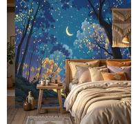 ZISTRCBAO Papier Peint Forêt Croissant De Lune Lucioles 250x175cm Panoramique Soie Murale Conte De Fées Guérisseur Papier Peint XXL Fresque Murale Peinture Décorative Pour Salon Chambre, Bleu Profond