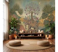 ZISTRCBAO Papier Peint Panoramique Soie Style Ethnique Rétro 400x280cm | Papier Peint Mural Éléphant Grenadier Monstera Deliciosa Pour Salon Et Chambre à Coucher TV Fond Décoration - Vert Olive