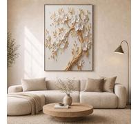 ZISTRCBAO Tableaux Decoratifs Muraux Branches Dorées Fleurs Blanches 40×50 cm, Impression Sur Toile Style Relief Feuille D'Or 3D, Décoration Murale Pour Salon, Chambre, Cuisine, Or