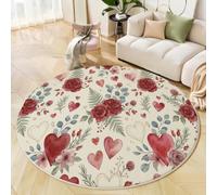 ZISTRCBAO Tapis Cœur Roses Rouges Rond 180cm Fleurs Vintage Délicates Antidérapants Salon Lavables Tapis Ronds à Poils Courts Ronds Doux Rouge pour Salon Chambre à Coucher