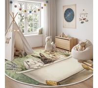 ZISTRCBAO Tapis Rond Animaux Aquarelle Vintage 160cm Lavable en Machine | Lapin Baignoire Rose Tapis Rond Antidérapant Vert Clair pour Chambre d'enfant Salle De Jeux Descente De Lit