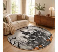 ZISTRCBAO Tapis Rond Gris 100cm, Tapis Salon Château Citrouille Fantôme Lavable | Doux Poil Ras avec Halloween Sombre Et Animé, Dessous Antidérapant pour Chambre à Coucher, Entrée, Salle à Manger