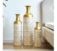Zitty vase de sol lot de 3 grand vase décoratif métal à motif floral 50/66/85 cm doré blanc pour salon intérieur