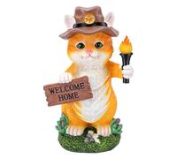 ZJchao Statue de Chat de Jardin Solaire avec Torche LED, Figurine en Résine Panneau de Bienvenue pour Décoration Extérieure Patio Jardin