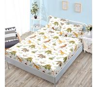 ZKTCYC Drap Housse 90x190 Enfant Dinosaure Animaux de La Jungle Housse Matelas 90x190 Bonnet 30 cm Enfant Garçon Fille Protege Matelas en Microfibre avec Taie d'oreiller 65x65 cm