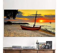 ZMFBHFBH Toile Peinture Mur Art Photos Impressions sur Plage Paysage Marin Peinture Mer Bateau Coucher De Soleil Décor À La Maison Moderne Photos 40x90cm (16x35in) Avec Cadre