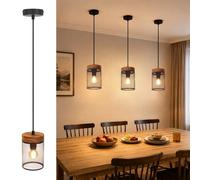 ZMH Suspension vintage pour table à manger, noire Lampe suspendue en | bois, culot E14, style industriel, lampe de table à manger à 1 ampoule avec abat-jour grillagé, lampe de cuisine rétro