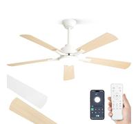ZMISHIBO Ventilateur de Plafond avec Éclairage,Ø132 cm Silencieux avec Télécommande et Application,Moteur DC Réversible,6 Vitesses,Dimmable 10-100%,Mémoire,pour Chambre et Salon(Blanc/bois naturel)