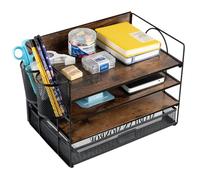 ZNMYDMT Organiseurs de bureau et accessoires à 4 niveaux, organiseur de bac à courrier en papier, organisateur de dossiers de bureau en bois vintage avec tiroir et 2 porte-stylos
