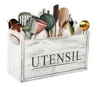 ZoeQide Porte Ustensiles Cuisine Bois Blanc, Porte Couverts 3 Compartiments | Fond drainant et poignée de transport, organisateur pot couverts pour garder cuillères, fouets et spatules faciles à saisir