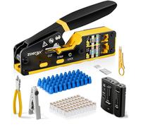 ZoeRax Kit d'outils de sertissage RJ45, 8 en 1, ensembles de sertissage Ethernet, kit de réparation d'outils de sertissage avec testeur de câble PoE, dénudeur multiplié, lames, 50 connecteurs Cat 6 et