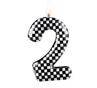 Zolunu Bougie d'anniversaire en forme de voiture de course, Noir métallique et blanc à carreaux, Bougie de gâteau d'anniversaire pour 2e anniversaire, Bougie numéro 2, décoration de fête sur le thème
