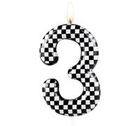 Zolunu Bougie de gâteau d'anniversaire en forme de voiture de course, métallique noir blanc à carreaux, bougie de gâteau pour 3e anniversaire, bougie numéro 3, décoration de fête sur le thème des